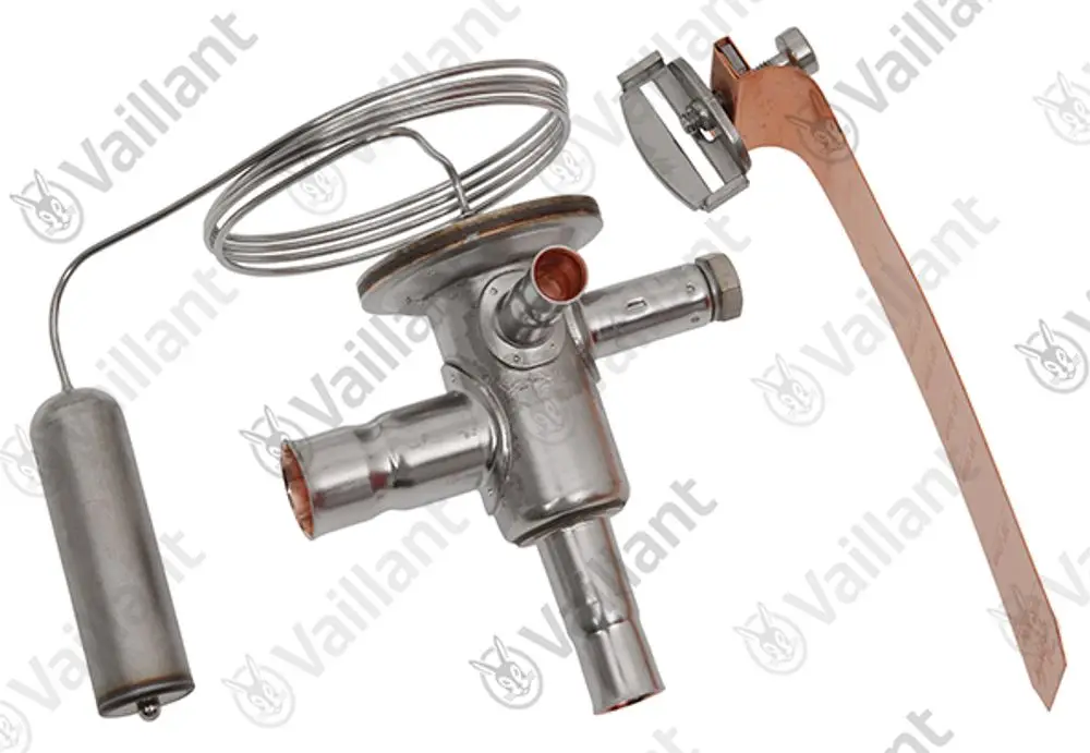 Vaillant Expansionsventil mit mehreren Anschlüssen und einer spiralförmigen Feder, ordnungsgemäß montierbar in Heizsystemen.